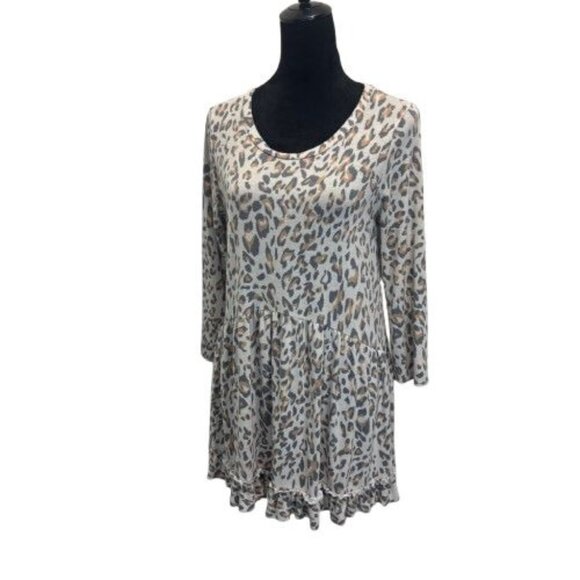 Womens Boho Leopard Print Long Sleeve Tunic Top With Ruffle Hem large - Picture 1 of 6